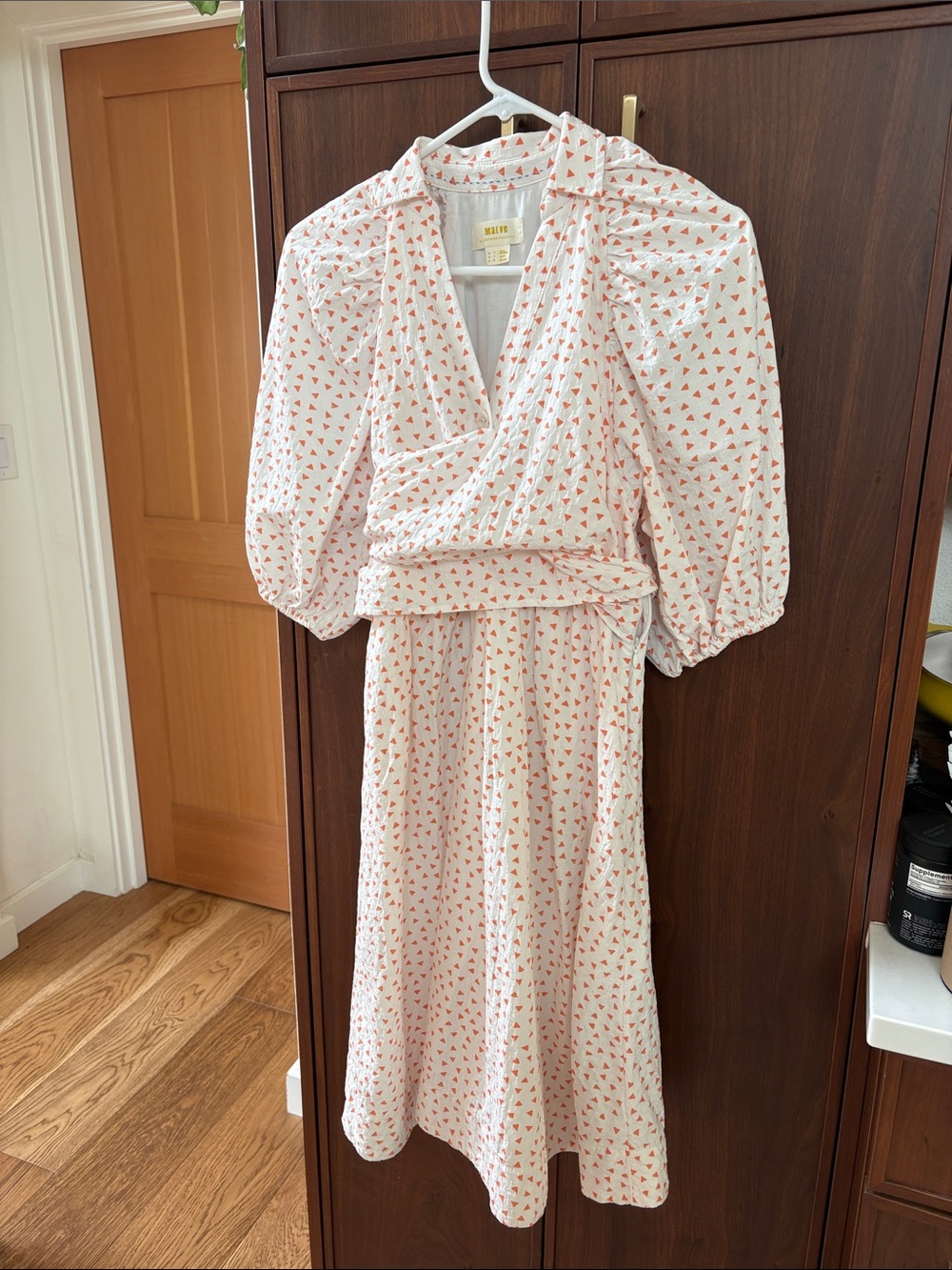 Maeve White Midi Wrap Dress with coral orange Triangle Print linedwith pockets!